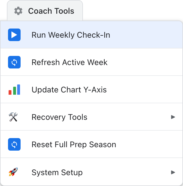 Coach Tools menu with Run Weekly Check-In emphasised and Recovery Tools and System Setup submenus